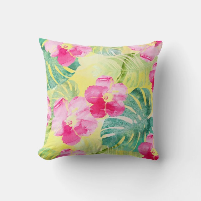 Tropische Bananen-Blätter und Hibiskus-Blume Kissen (Vorderseite)