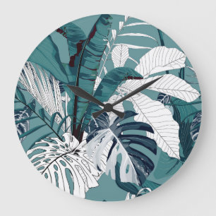 Tropische Bananen Monstera: Modisch, nahtlos. Große Wanduhr
