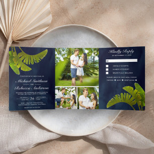 Tropische Bananenblätter 3 in 1 Navy Blau Hochzeit Dreifach Gefaltete Einladung