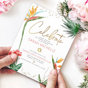 Tropische Bat Mitzvah Gold Schrift Floral Wasserfa Begleitkarte
