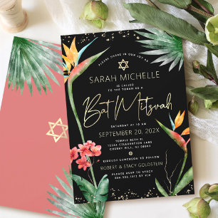 Tropische Bat Mitzwa Schwarz Gold Blumen Aquarell Einladung