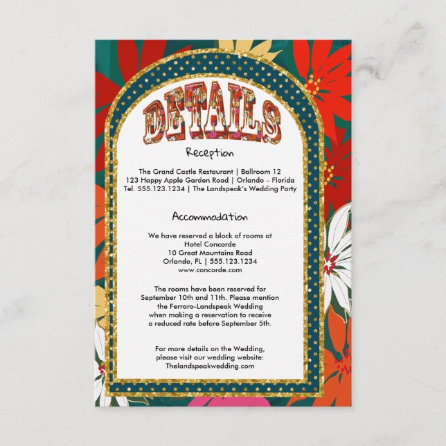 Tropische Big Blume & Arch Wedding Details Begleitkarte (Vorderseite)