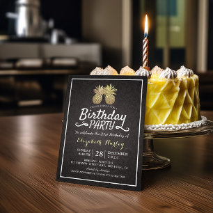 Tropische Birthday Party Chic Black Gold Ananas Einladung