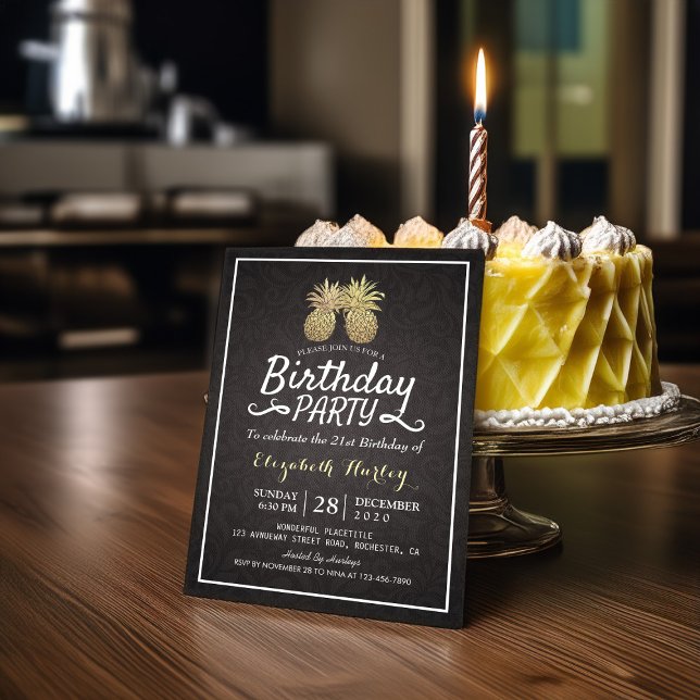 Tropische Birthday Party Chic Black Gold Ananas Einladung (Von Creator hochgeladen)