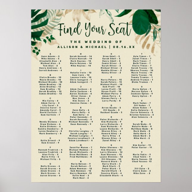 Tropische Blätter Alphabetische Hochzeitssattelkar Poster (Vorne)