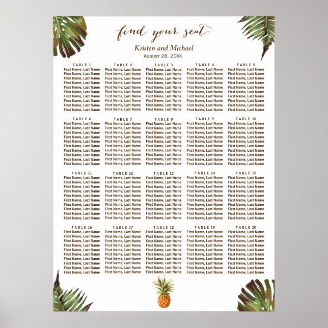 Tropische Blätter Ananas 20 Tische Sitzplan Poster (Vorne)