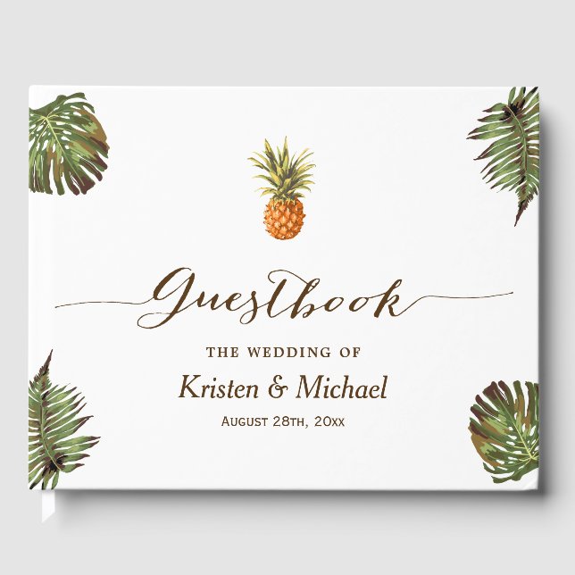 Tropische Blätter Ananas-Handschrift Hochzeit Gästebuch (Vorderseite)