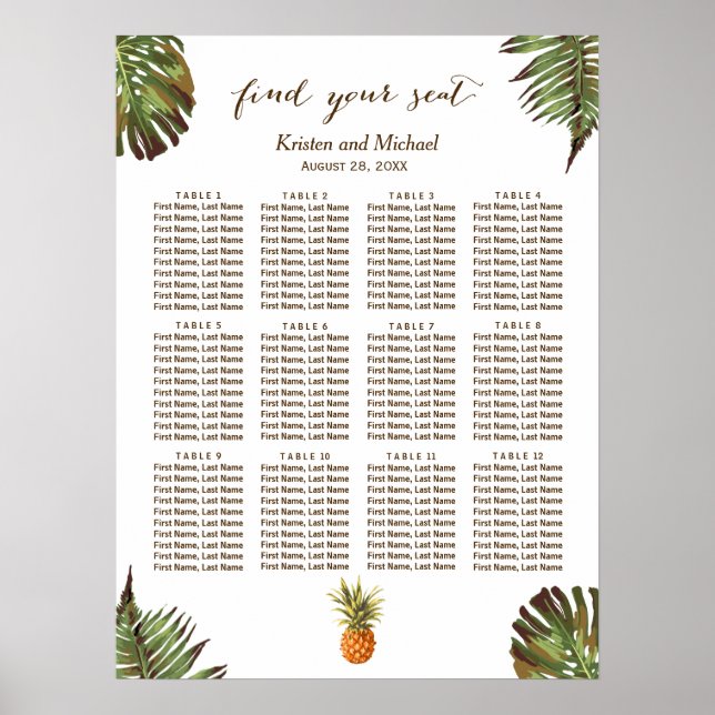 Tropische Blätter Ananas-Hochzeitstabelle Poster (Vorne)