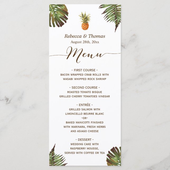 Tropische Blätter Ananas Luau Styled Wedding Menu Menükarte (Vorderseite)