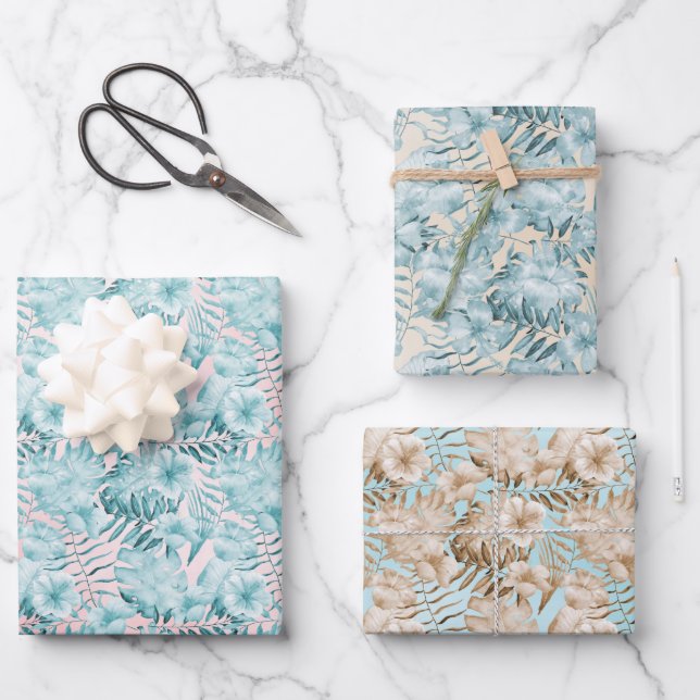 Tropische Blätter Aqua Pink (Vorderseite)