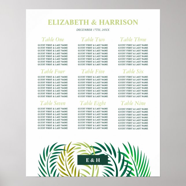 Tropische Blätter aus Palm, Hochzeitskarte am Stra Poster (Vorne)