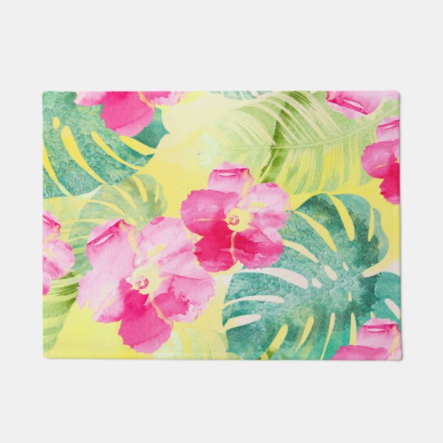 Tropische Blätter aus Palm und Blume aus rosa Hibi Fußmatte (Vorderseite)