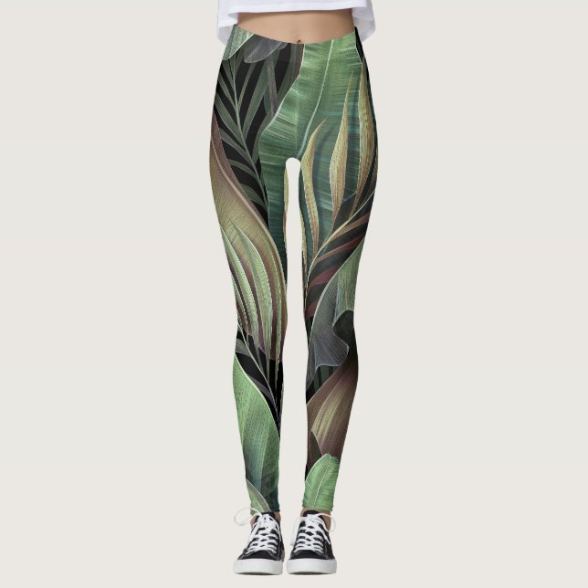Tropische Blätter aus Palmen, handgezeichnet 3D-Il Leggings (Vorderseite)