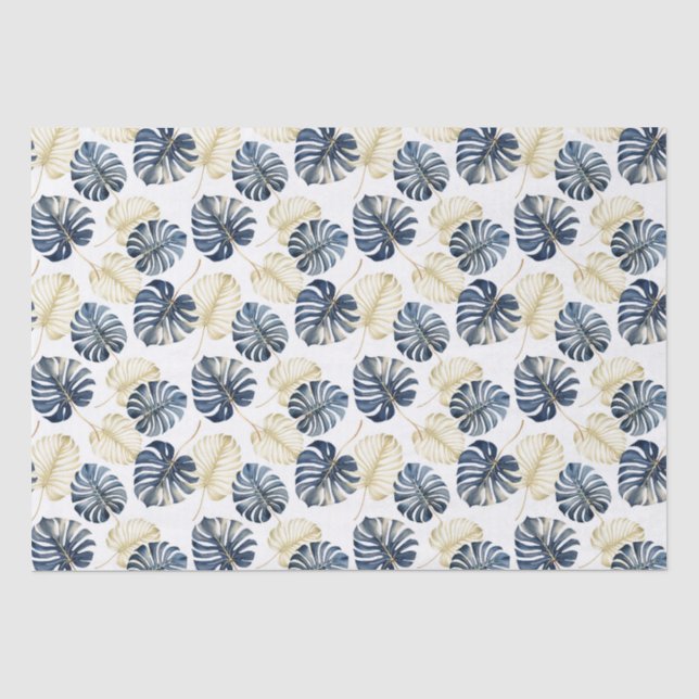 Tropische Blätter aus White Blue Gold Seidenpapier (Vorderseite)