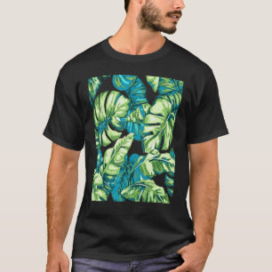 Tropische Blätter Banana und Monstera Blue Green T-Shirt