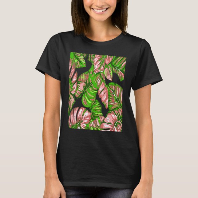 Tropische Blätter Banana und Monstera Rosa grün T-Shirt (Vorderseite)