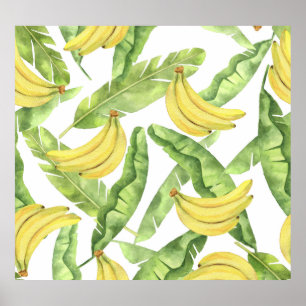 Tropische Blätter, Bananen, Aquarellmuster. Poster