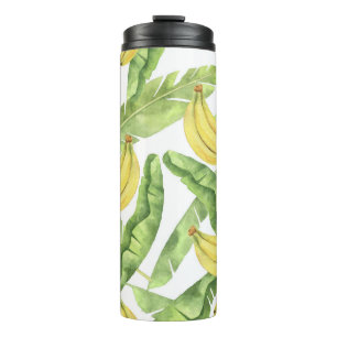 Tropische Blätter, Bananen, Aquarellmuster. Thermosbecher