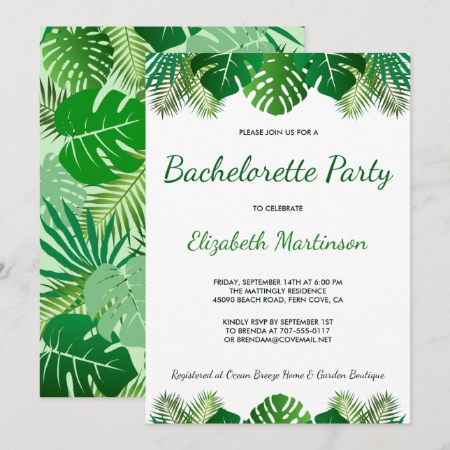 Tropische Blätter Beach Foliage Junggeselinnen-Abs Einladung (Vorne/Hinten)