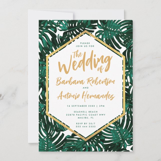 Tropische Blätter Beach Green Palm Hochzeit Einladung (Vorderseite)