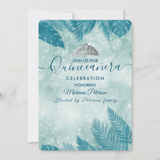 Tropische Blätter Blau bokeh tiara Quinceañera Einladung (Vorderseite)