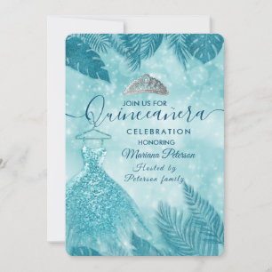 Tropische Blätter Blau bokeh tiara Quinceañera Einladung