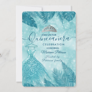 Tropische Blätter Blau bokeh tiara Quinceañera Einladung