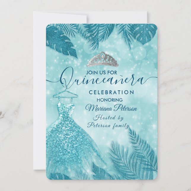 Tropische Blätter Blau bokeh tiara Quinceañera Einladung (Vorderseite)