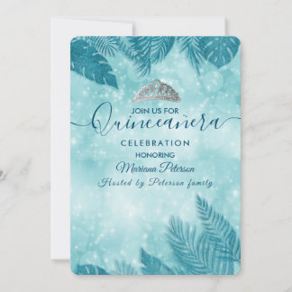 Tropische Blätter blau bokeh tiara Quinceañera Inv Einladung
