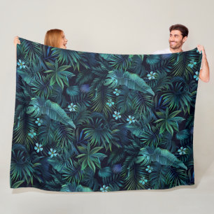 Tropische Blätter Blaue Blumen Fleecedecke
