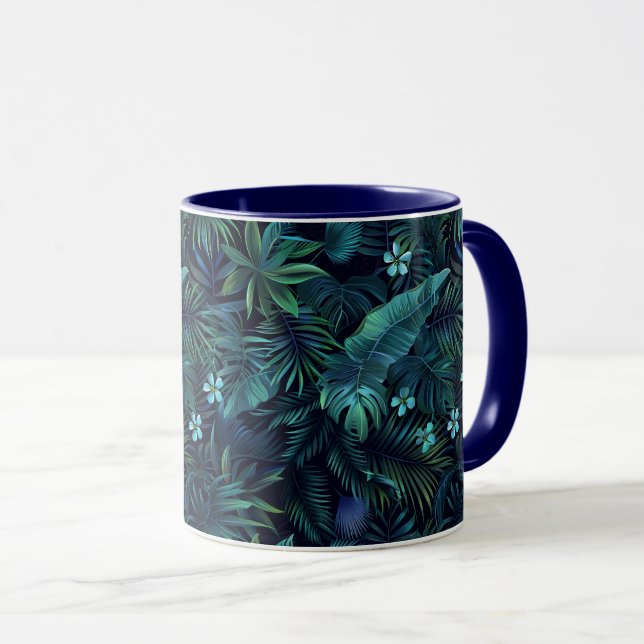 Tropische Blätter Blaue Blumen Tasse (VorderseiteRechts)