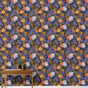 Tropische Blätter Blume Lila orange-gelb Tapete