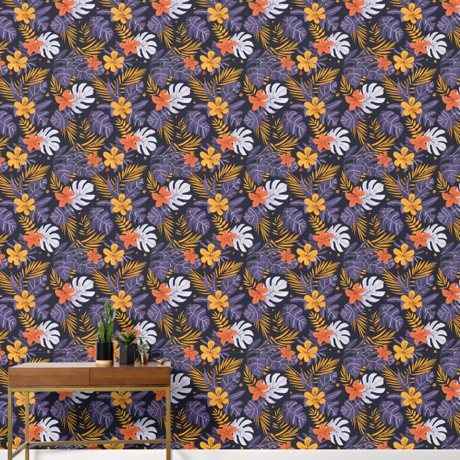 Tropische Blätter Blume Lila orange-gelb Tapete (Korridor)