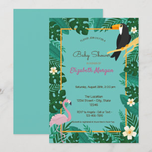 Tropische Blätter, Blumen, Flamingo Baby Shower Einladung