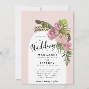 Tropische Blätter Blumendusty Rose Lila Hochzeit Einladung