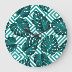 Tropische Blätter: Blumenmuster nahtlos. Große Wanduhr