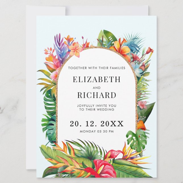 Tropische Blätter Blumenstrände Hochzeit Einladung (Vorderseite)