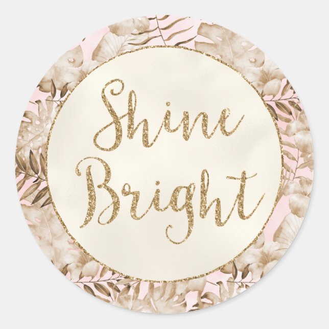 Tropische Blätter Cream Blush Gold Glitzer Shine Runder Aufkleber (Vorderseite)