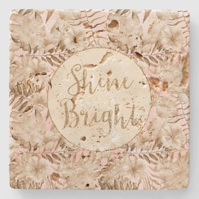 Tropische Blätter Cream Blush Gold Glitzer Shine Steinuntersetzer (Vorderseite)