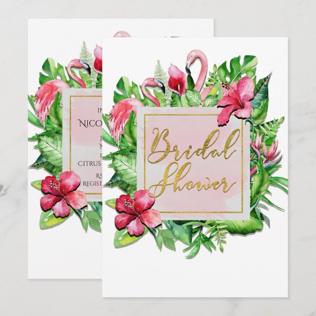 Tropische Blätter Flamingos Bridal Dusche Einladun Einladung (Vorne/Hinten)