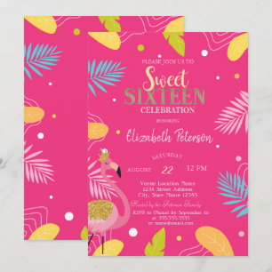 Tropische Blätter Flamingos Pink Sweet 16 Einladung