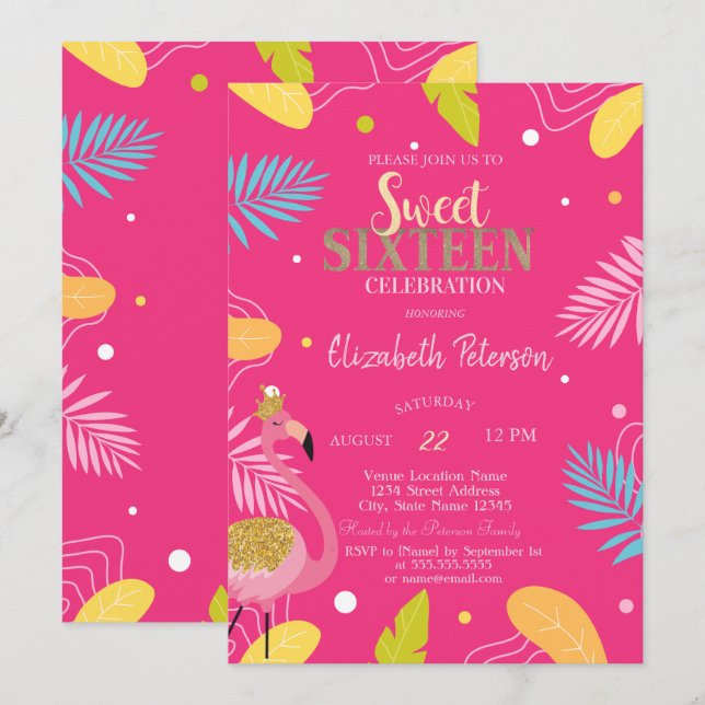 Tropische Blätter Flamingos Pink Sweet 16 Einladung (Vorne/Hinten)