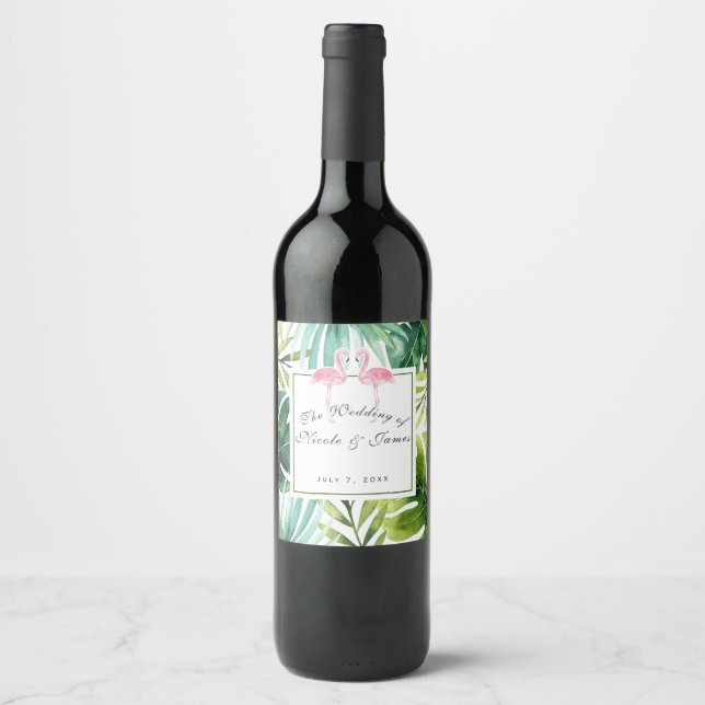 Tropische Blätter & Flamingos Sommerhochzeit Wein Weinetikett (Vorderseite)