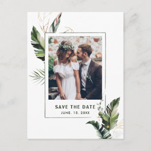 Tropische Blätter Foto Hochzeit Bitte Termin vorme Ankündigungspostkarte