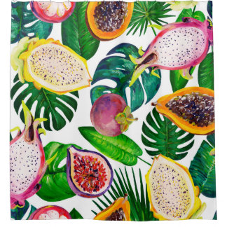 Tropische Blätter, Früchte, gouache nahtlos. Duschvorhang