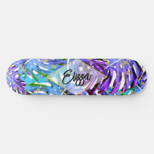 Tropische Blätter für lila und Gold-Glitzer Skateboard