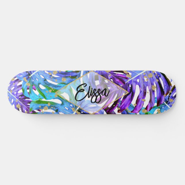 Tropische Blätter für lila und Gold-Glitzer Skateboard (Horizontal)