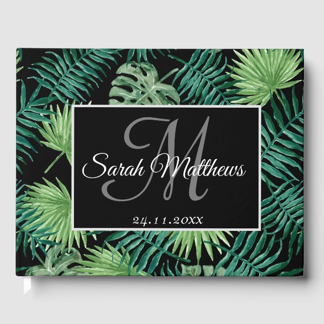 Tropische Blätter für Wasserfarben Monogram Weddin Gästebuch (Vorderseite)