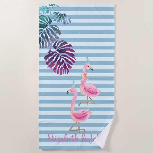 Tropische Blätter, gestreift, rosa Flamingos Strandtuch (Vorderseite)