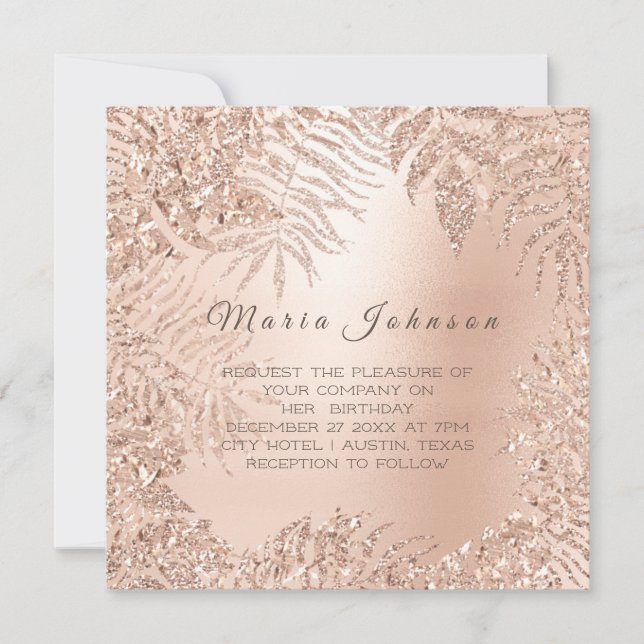 Tropische Blätter Glitzer Garden Rosa Rose Gold Einladung (Vorderseite)